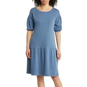 Caslon Dress Short Puff Sleeve Drop Waist Knee Length Blue Moonlight NWT Large